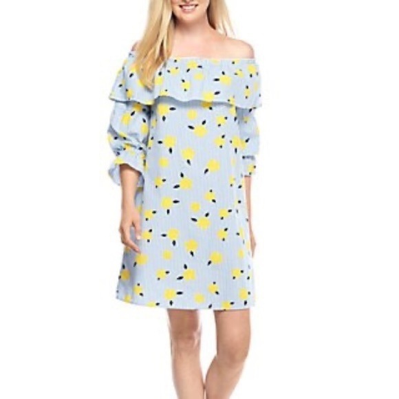 Crown & Ivy Yellow Blue Floral Off Shoulder Cotton Dress size Large - Picture 1 of 12